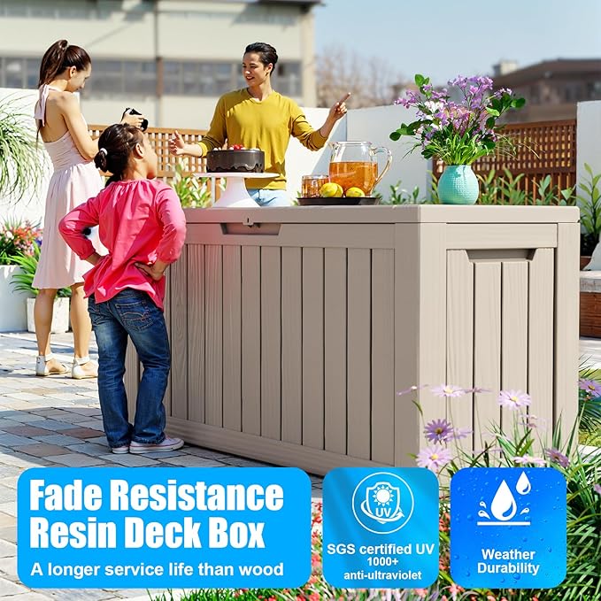 Vixzen 80 Gallon Resin Deck Box, Lockable Outdoor Storage Box for Patio Cushions Storage Furniture,Garden Tools, Pool Supplies, Weatherproof and UV Resistant- Grey-Ruum Studio Home