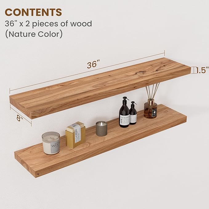 Floating Shelves for Wall Decor, 8" Deep Rustic Solid Elm Wood Floating Shelves Wall Mounted, Wall Shelves with Invisible Bracket for Living Room Bathroom Bedroom Kitchen, 36 Inch Set of 2, Natural-Ruum Studio Home