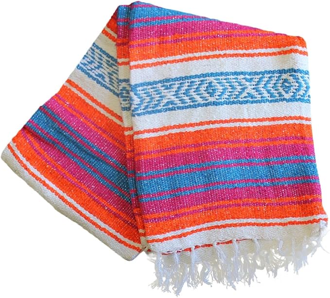 Del Mex Classic Mexican Blanket, Large Authentic Woven Falsa Throw (70"x50"), Artisan Southwest Décor for Beach, Yoga, Outdoors (Orange/Pink/Blue)-Ruum Studio Home