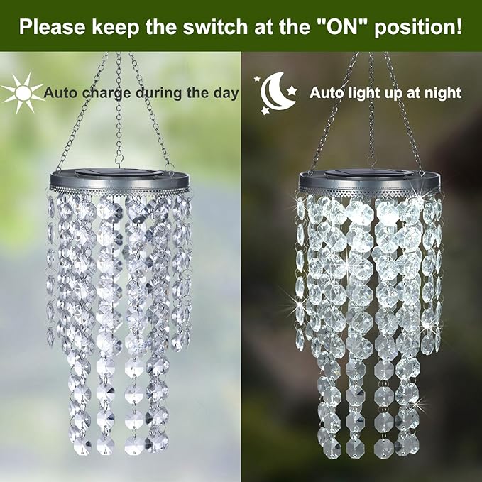 Hanging Solar Lantern Outdoor, 2 Tiers 21” Solar Transparent Acrylic Beaded Chandelier with Cool White LED S Hooks for Garden Yard Patio Gazebo Outside Decor-Ruum Studio Home