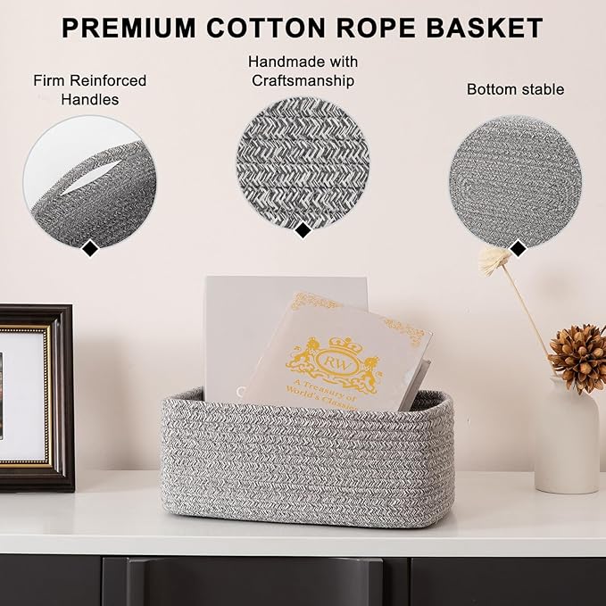 4 Pack Small Storage Shelf Baskets for Organizing, Mini Woven Rope Storage Bins for Towels, Cute Decorative Closet Organizer，Baby Nursery, Gift Empty Baskets -11.81''Lx7.87''Wx4.72''H-Grey-Ruum Studio Home