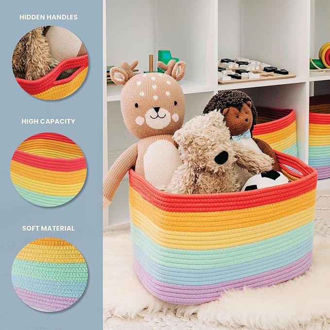 OrganiHaus Rainbow Woven Storage Baskets for Organizing, Cotton Rope Organizer Bins for Shelves, Closet & Nursery, Dog Toy Basket, Decorative Bins for Toys, Towels & Books - 15x10x9-Ruum Studio Home