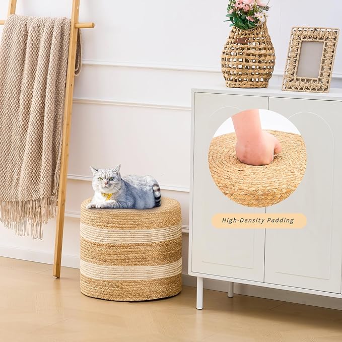 Handwoven Ottoman Pouf, Natural Water Hyacinth Footstool, Round Braided Outdoor Seat with Sturdy Frame, Boho Accent Stool for Patio, Balcony, or Garden (White)-Ruum Studio Home