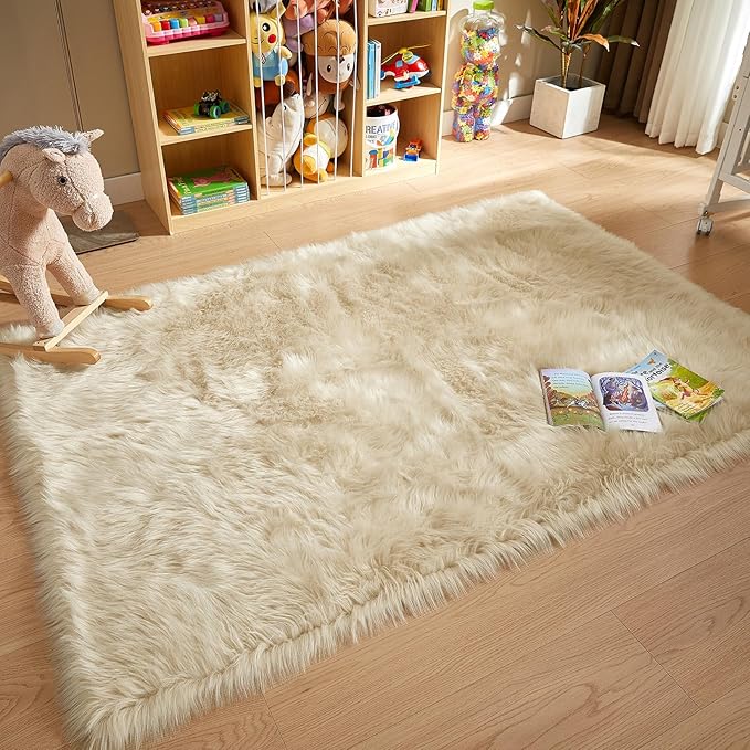 AMTOVO Faux Fur Sheepskin Rug for Living Room, 4 x 6 ft Beige Fluffy Area Rug for Bedroom, Playroom, Luxury Room Decor, Rectangle-Ruum Studio Home