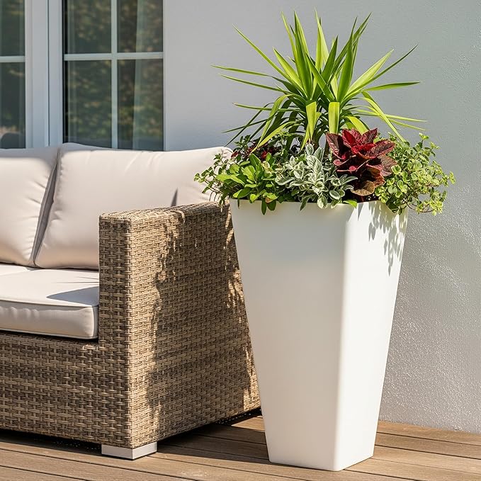 WORTH Garden Large 28 in.Tall Planters Set of 2 for Indoor and Outdoor, Heavy Duty Plastic White Modern Taper Flower Plant Pots with Drainage Hole and Dual-Purpose Tray for Front Porch, Patio-Ruum Studio Home