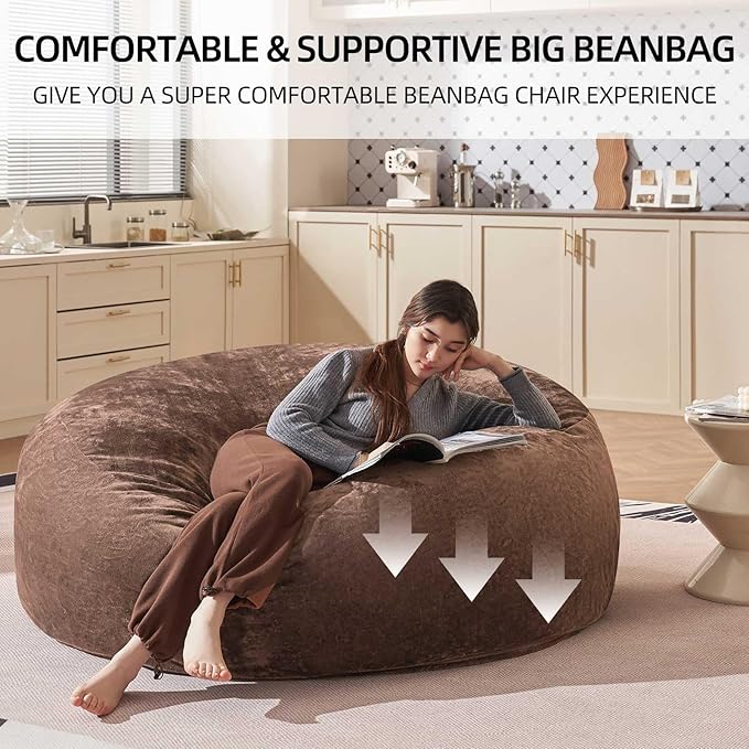 Bean Bag Chair 5Ft, Memory Foam Filled, Large Beanbag Chairs for Adults and Teens, Soft Sofa with Removable Flannel Cover, Round Couch for Living Room Bedroom College Dorm (Coffee, 5FT-60×60"×24")-Ruum Studio Home