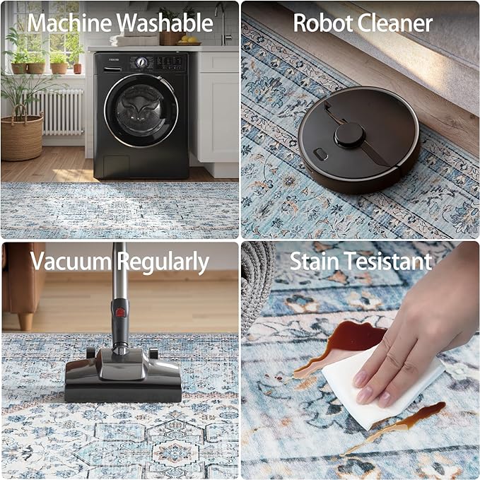 DCX Machine Washable Blue and Beige Area Rugs 5x7, Non Slip Stain Resistant Vintage Floral Rug for Living Room Bedroom Nursery, Soft Low Pile Large Carpet-Ruum Studio Home