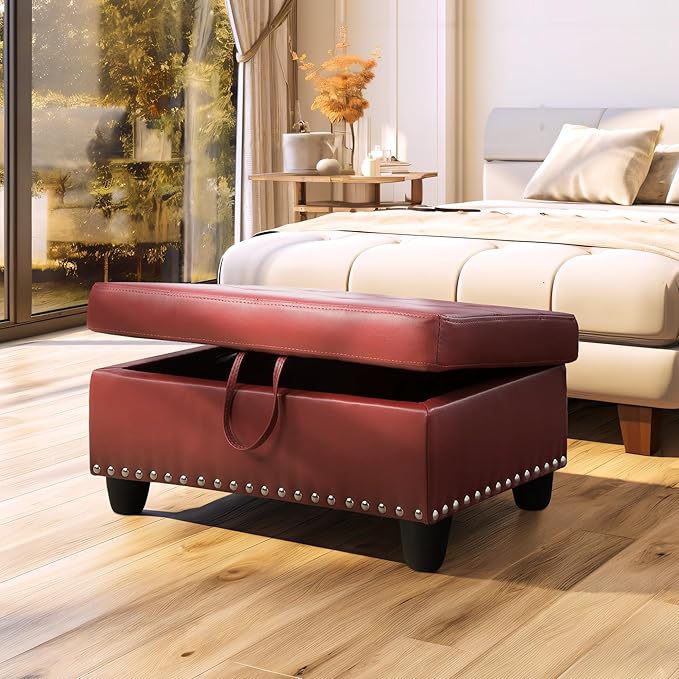 Ottoman Rectangular Storage Ottoman Bench, Faux Leather Footrest, Coffee Table, Stool Footstool with Hinged Lid for Living Room, Bedroom, Entryway, Red, 28.5"x19"x17.5"-Ruum Studio Home
