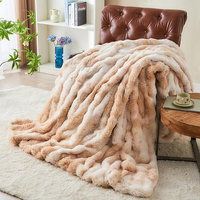RYNGHIPY Faux Rabbit Fur Bed Throws Fluffy Warm Throw Blanket for Sofa Couch Soft Plush Decorative Blanket Thick and Heavy Cute Bubble Furry Blanket (Light Tan, 63''x79'')-Ruum Studio Home