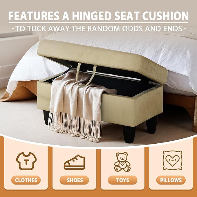 Ottoman Rectangular Storage Ottoman Bench, Flannel Footrest Stool Footstool with Lid for Living Room, Bedroom, Entryway, Light Brown, 28.5"x19"x17.5"-Ruum Studio Home