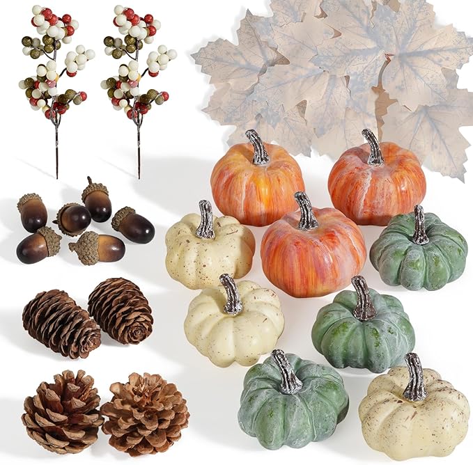 Artmag 25 PCS Pumpkin Decor Set, Artificial Pumpkins Fall Decor for Halloween Thanksgiving Decorations with Acorns, Pinecones, Berries, Maple Leaves for Home Table-Ruum Studio Home
