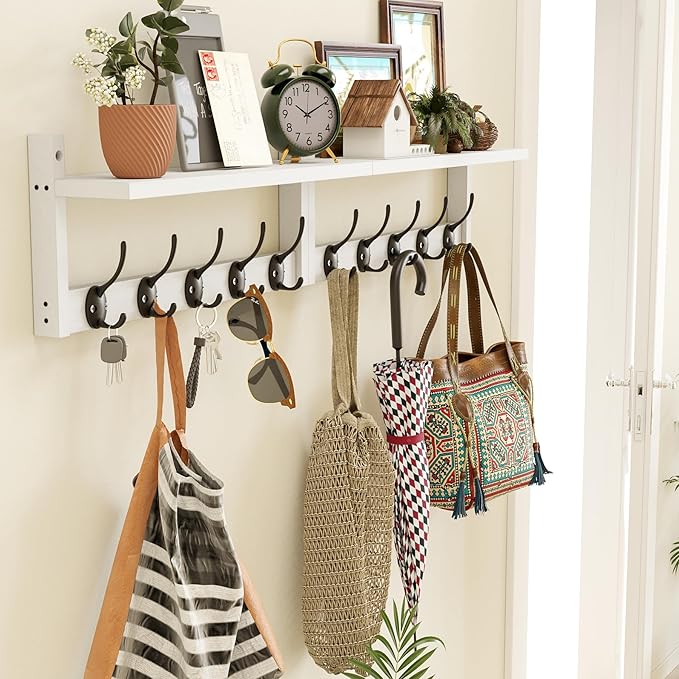 AMBIRD 34.2" L Wooden Wall Coat Hooks with Shelf - Versatile and Decorative Wall-Mounted Storage - 10 Hooks for Hanging Coats, Hats, Keys, Bags, Scarves - Ideal for Entryways, Bedrooms, Closets(White)-Ruum Studio Home