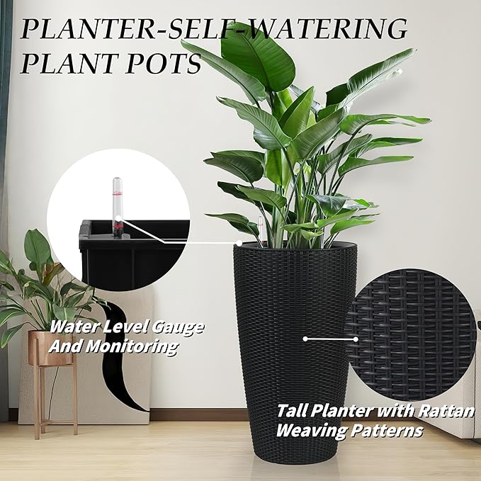 2Pack 22" High Modern Plant Pots Planter-Self-Watering Indoor/Outdoor Planting with Drain Holes, Water Level Monitor, Inner Bucket for Front Porch Patio, Black Rattan Conical-Ruum Studio Home