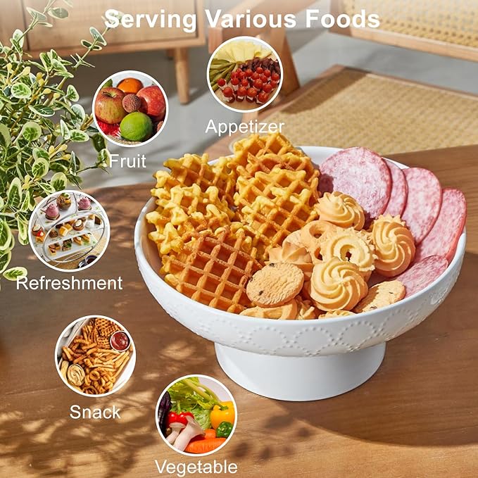 ONEMORE Ceramic Fruit Bowl, 10" Large White Removable Pedestal Bowl for Kitchen Counter, Modern Footed Fruit Bowl with Draining Holes, Decorative Fruit Bowls for Vegetables, Snacks, Candies-Ruum Studio Home
