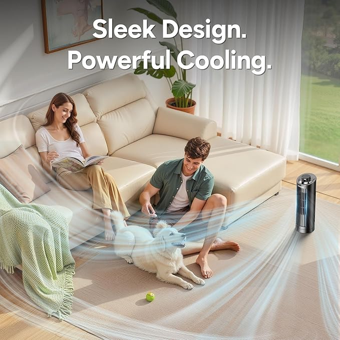 Tower Fan Bladeless with 3 Speeds, 4 Mode [AI, Normal, Natural, Sleep], Table Fan 80° Oscillation, Touch Screen + Remote Control, 12H Timer, 13" Desk Fan for Bedroom Home Office Desktop-Black-Ruum Studio Home