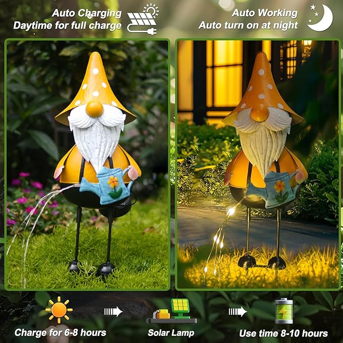 HONGLAND Metal Gnome Yard Art -18 Inch Garden Gnomes Statues Outdoor Decor with Watering Can Solar Lights -3D Outdoor Figurines for Patio Yard Lawn Porch Ornament Gardening Gifts-Ruum Studio Home