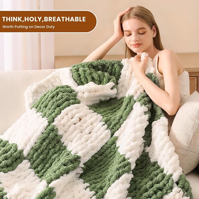 L'AGRATY Chunky Knit Blanket Throw: 50''x60'' Chenille Chunky Knitted Throw Blankets for Bed Couch - Handmade Thick Cable Knit Blanket - Large Crochet Rope Blankets for Home Decor(Green Checkered)-Ruum Studio Home