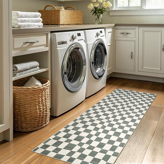jinchan Runner Rug 2x6 Hallway Washable Modern Checkered Geometric Lattice Kids Bedroom Rug Indoor Floor Cover Non Slip Soft Carpet for Nursery Room Kitchen Laundry Room Home Grey-Ruum Studio Home