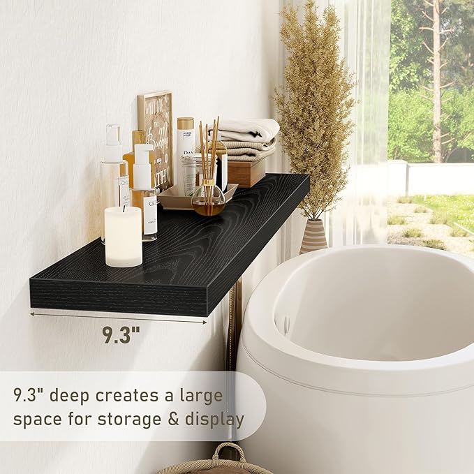 Black Floating Shelves Wall Shelf 48 Inch, 9.3 Inch Deep Floating Shelf for Wall, Farmhouse Black Wood Shelves Invisible Bracket for Living Room, Bedroom, Kitchen, 48 x 9.3 x 1.4 Inch, Set of 2-Ruum Studio Home