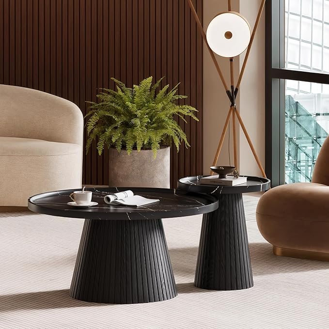 win2win Nesting Coffee Table Set of 2, Modern Coffee Table with Marble Veneer, Fluted Round Tea Table and End Table Set, Minimalist Center Tables for Living Room, Office, Black-Ruum Studio Home