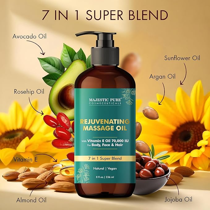 MAJESTIC PURE Vitamin E 70k Blend Massage Oil for Massage Therapy - Refreshing, and Relaxing - Natural Oils with Sweet Almond, Jojoba, Argan & Avocado - for All Skin Types - Men and Women - 8 fl oz-Ruum Studio Home