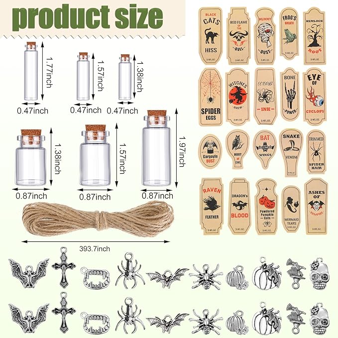Newtay 53 Pcs Halloween Mini Potion Bottles Set Including 12 Decorative Glass Bottles with Cork Stoppers 20 Creepy Apothecary Bottle Labels Stickers 20 Charms Pendants 1 String (5/6/7/12 ML,Stylish)-Ruum Studio Home