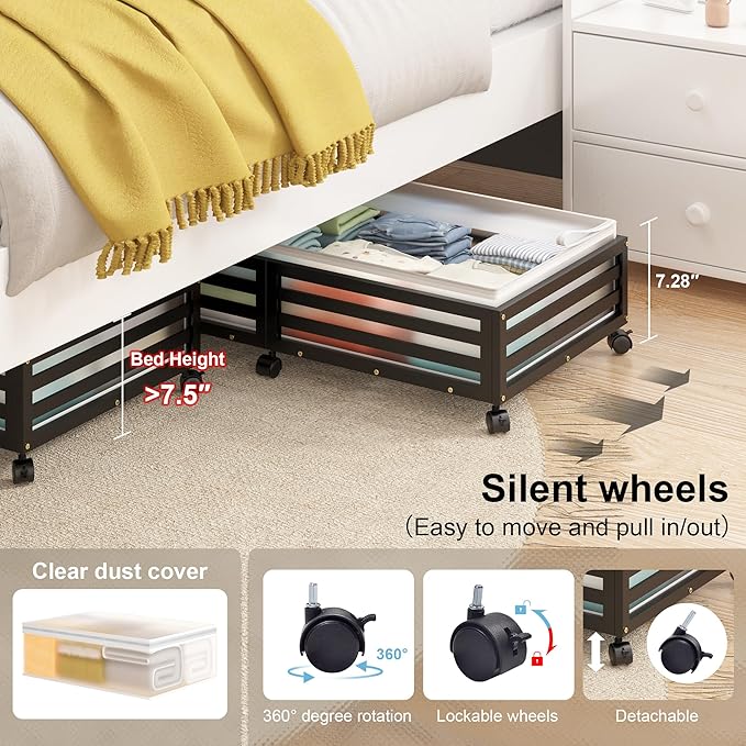 Under Bed Storage Containers With Wheels - 2 Pcs Large Bamboo Wood Rolling Underbed Shoe Storage Bins With Dust Bags for Clothes Blankets, Duvet Covers Snacks Toys (Black)-Ruum Studio Home