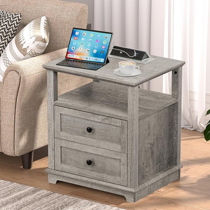 HIFYOBRO End Table with 2 Drawers and Charging Station, Type-C & USB Port & Power outlets, Wooden Storage Cabinet, Large Side Table with Storage for Living Room and Bedroom-Ruum Studio Home