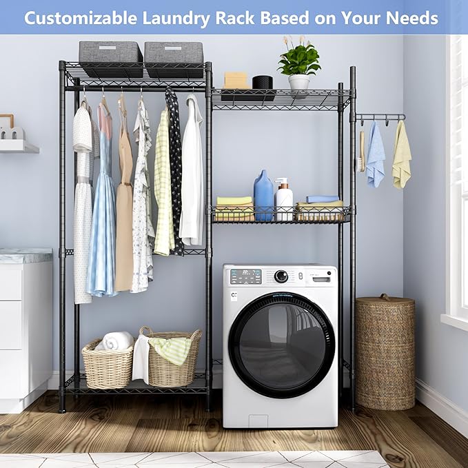Over Washer and Dryer Shelves,Laundry Room Storage Organization Clothes Drying Rack,4 Tier Adjustable Height Wire Shelving with Wire Basket,Hanger Rod&Hook,Space Saving Shelf-Ruum Studio Home
