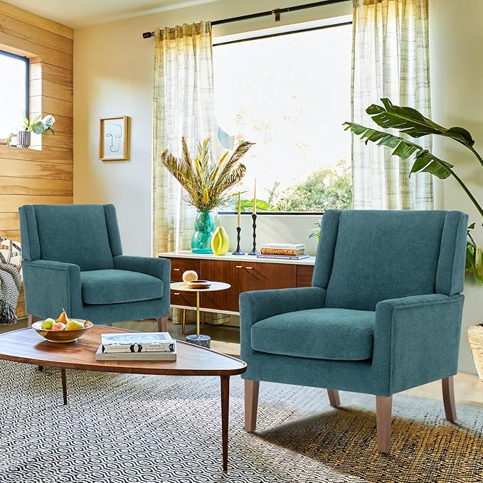 COLAMY Modern Wingback Living Room Chair, Upholstered Fabric Accent Armchair, Single Sofa Chair with Lounge Seat and Wood Legs for Bedroom/Office/Reading Spaces, Teal-Ruum Studio Home
