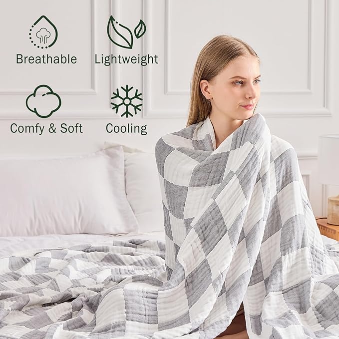 EMME Checkered Throw Blanket Cotton for Couch Soft Muslin Blankets 50"x60" Lightweight Breathable Cooling Soft All Season Gauze, Light Grey-Ruum Studio Home