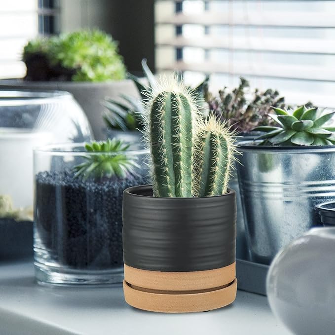6 Inch Plant Pots, Ceramic Planter Pot with Drainage Hole & Saucer, Indoor/Outdoor Cylinder Round Planter Pot, Matte Black & Brown-Ruum Studio Home