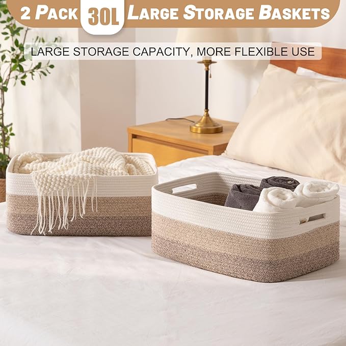 Large Storage Basket for Organizing, Woven Rope Basket for Shelves, Closet Organizer Bins for Clothes, Blanket, Toys, Baby Nursery Storage, 17.7" x 13" x 7.87", 2 Packs Gradient Yellow-Ruum Studio Home