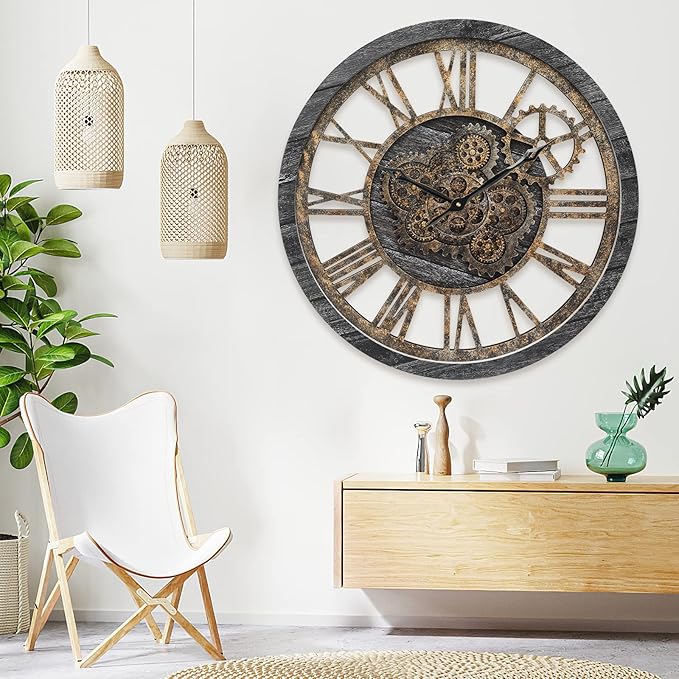 HOIBAI Wall Clock, 24 Inch Moving Gears Clock Large Wall Clock for Living Room Decor Rustic Vintage Industrial Steampunk Farmhouse Big Clock for Home Kitchen Bedroom Office-Ruum Studio Home