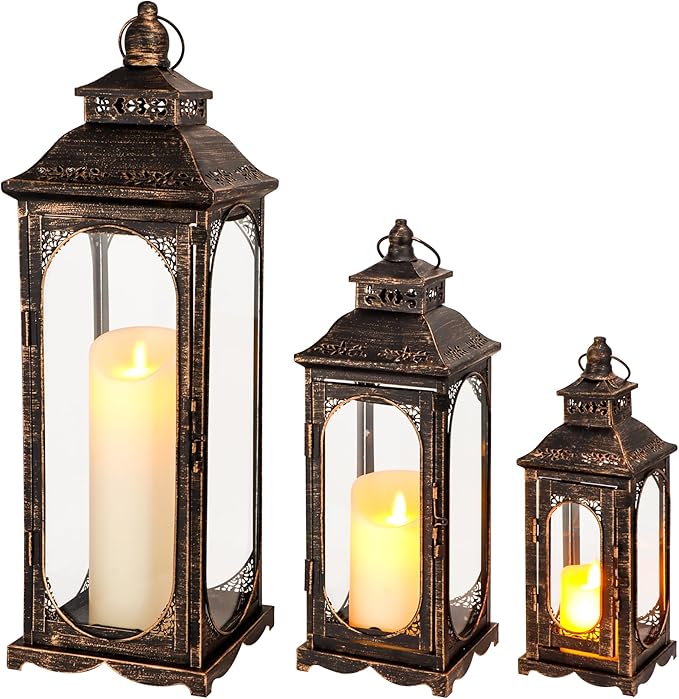 TRIROCKS Set of 3 Vintage Candle Lanterns 10/14/19.5''H Decorative Outdoor Lantern Metal Candle Holder with Tempered Glass for Home Living Room Garden Yard Event Indoor Outdoor (Black with Gold Brush)-Ruum Studio Home