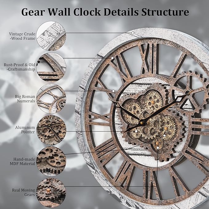 HOIBAI Large Wall Clock, 20 Inch Wall Clocks for Living Room Decor Farmhouse Vintage Rustic Kitchen Wall Decor Vintage Roman Big Oversized Wall Clock for Home Bedroom House Office, Moving Gears Clock-Ruum Studio Home