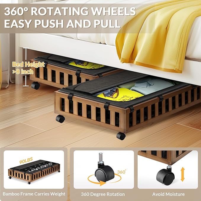 2 Pack Bamboo Under Bed Storage with Wheels, 39”x20”x7.8” Lager Under Bed Storage Containers (Brown)-Ruum Studio Home