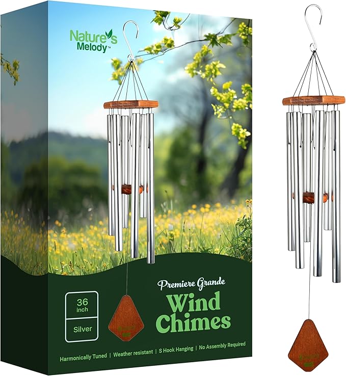 Nature’s Melody Premiere Grande Tunes Wind Chimes – Outdoor Windchime with 6 Tubes Tuned to E Pentatonic Scale, Rustproof Aluminum, Beech Wood & S Hook Hanger for Sympathy, Memorial Gift or Zen Garden-Ruum Studio Home