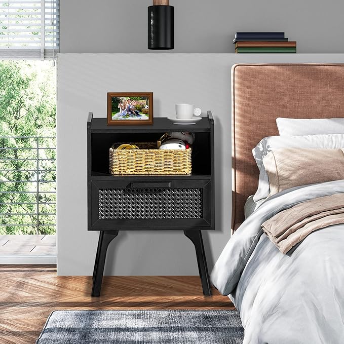 Lerliuo Rattan Nightstand, Side Table with Drawer Open Shelf, Cane Accent Bedside End Table with Solid Wood Legs, Mid Century Modern Night Stand for Bedroom, Dorm and Small Spaces (Black)-Ruum Studio Home