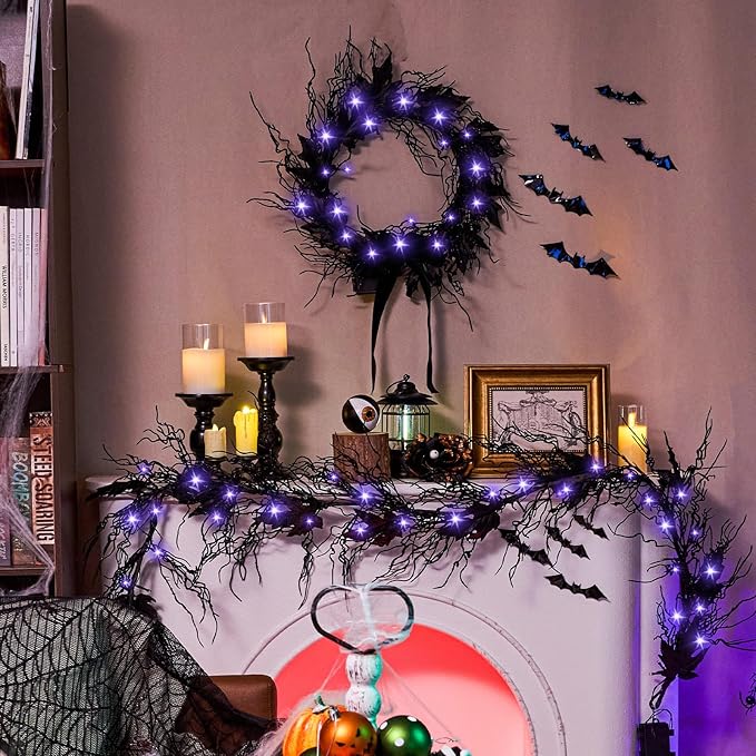 JORNOY 16inch LED Halloween Wreath with Battery Timer - Black Artificial Leaves&Silk Ribbon Decor Hanging for Front Door, Mantel, Porch, Wall, Party Decorations-Ruum Studio Home