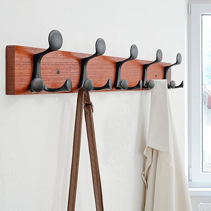 SKOLOO 24-Inch Cherry Wood Coat Rack Wall Mount with 5 Triple Hooks - Ideal for Family Entrances, Classrooms, and Pet Supplies Storage - Perfect Coat Hooks for Wall-Ruum Studio Home