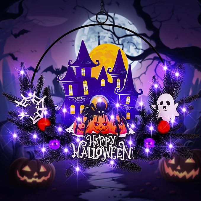 Lighted Halloween Wreaths for Front Door, Welcome Metal Wooden Door Wreath Decor Hanging Sign, 30 LED Lighted Wall Decor Battery Operated for Halloween Indoor Outdoor (Spider)-Ruum Studio Home