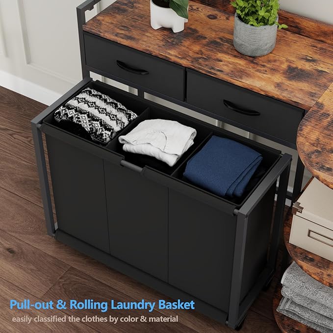 L Shaped Laundry Hamper Laundry Basket with 3 Section Pull-Out Rolling Bags & 3-Tier Storage Shelf, Laundry Sorter for Organization and Storage with 2 Drawers for Laundry Room-Ruum Studio Home