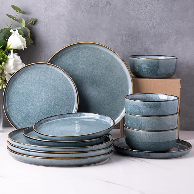 GBHOME Ceramic Dinnerware Sets for 6, 18 Pieces Stoneware Plates and Bowls Sets, Scratch Resistant Dishes, Dishwasher & Microwave Safe, Space Blue-Ruum Studio Home