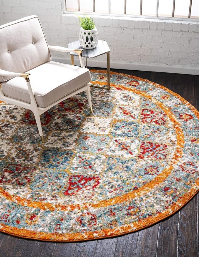 Unique Loom Rosso Collection Vintage, Traditional, Bohemian, Geometric, Distressed, Southwestern Area Rug, 8' 0" x 8' 0", Beige/Orange-Ruum Studio Home