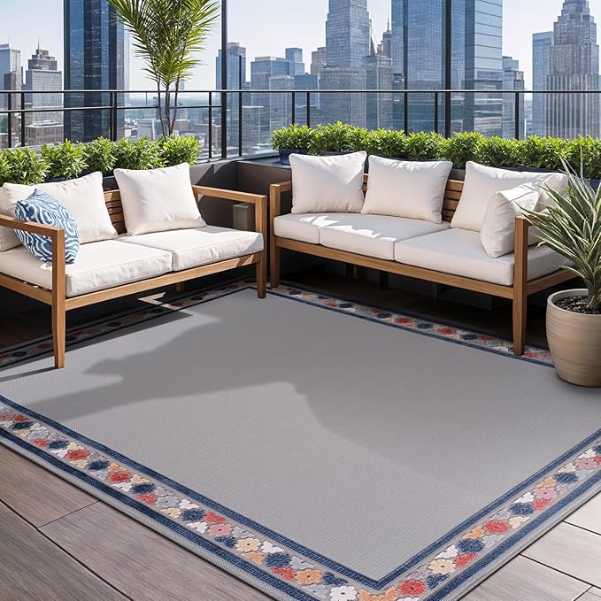 Beverly Rug Outdoor Rug 8x10 Modern Bordered Area Rugs for Indoor and Outdoor Patio Easy to Clean Non Shedding Living Room Porch Garden Washable Outside Carpet (8 x 10 Gray)-Ruum Studio Home