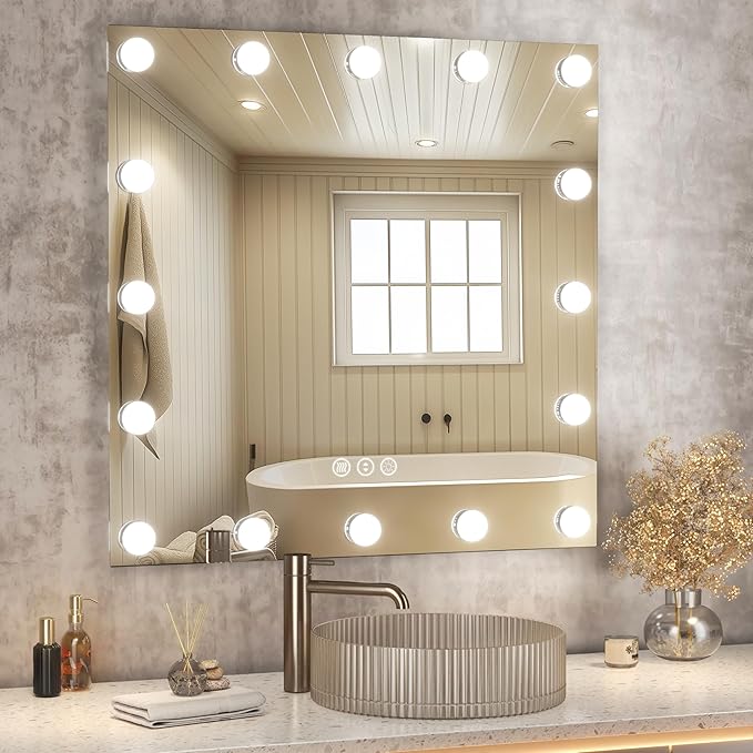 Hasipu LED Bathroom Mirror with Lights, 32" x 32" Hollywood Wall-Mounted Bathroom Mirror with 16 Dimmable Bulbs, 3 Colors Modes, Touch Control, Anti-Fog, Memory Function, Shatter-Proof, ETL Listed-Ruum Studio Home