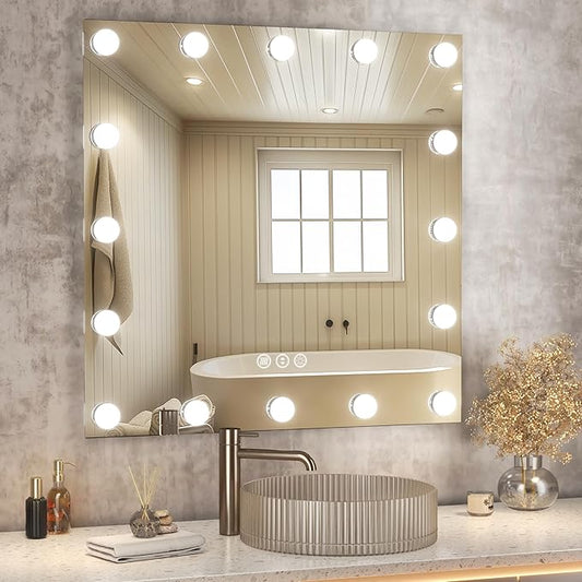 Hasipu LED Bathroom Mirror with Lights, 32" x 32" Hollywood Wall-Mounted Bathroom Mirror with 16 Dimmable Bulbs, 3 Colors Modes, Touch Control, Anti-Fog, Memory Function, Shatter-Proof, ETL Listed-Ruum Studio Home