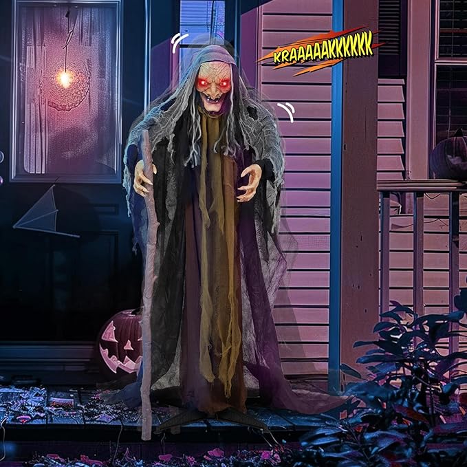 AW Animated Halloween Decorations,Scary Witch with Crutch,5.3FT Life Size Standing Clown,Motion/Sound Activated LED Eyes Creepy Sound,Haunted House Props Party Outdoor Indoor Lawn Yard Patio 2025-Ruum Studio Home