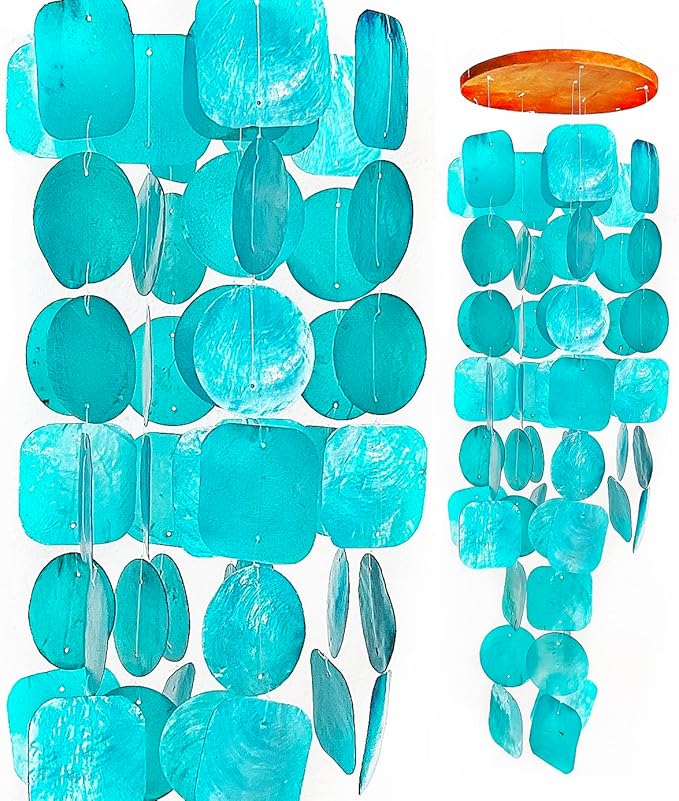 Bellaa 20744 Wind Chimes Outdoor, Garden Decorations, Musical, Indoor/Outside Windchimes, Beach, Ocean Breeze, Gifts for Mom, Gift for All Occasions, Capiz Sea Glass Shells Wood Turquoise Blue-Ruum Studio Home